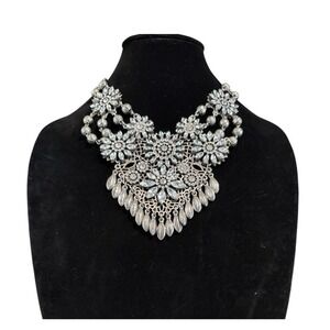 MIRINA Statement Necklace Rhinestone Floral And Silver Tone Bead